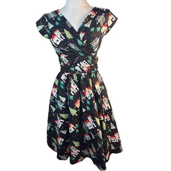 Retrolicious XS Christmas Village Party Dress Cotton Black NWT - Picture 2 of 14